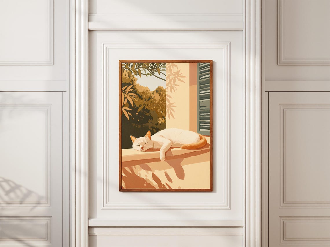 White Cat With Ginger Tail Sunbathing On Sunny Terrace Poster - Image 2