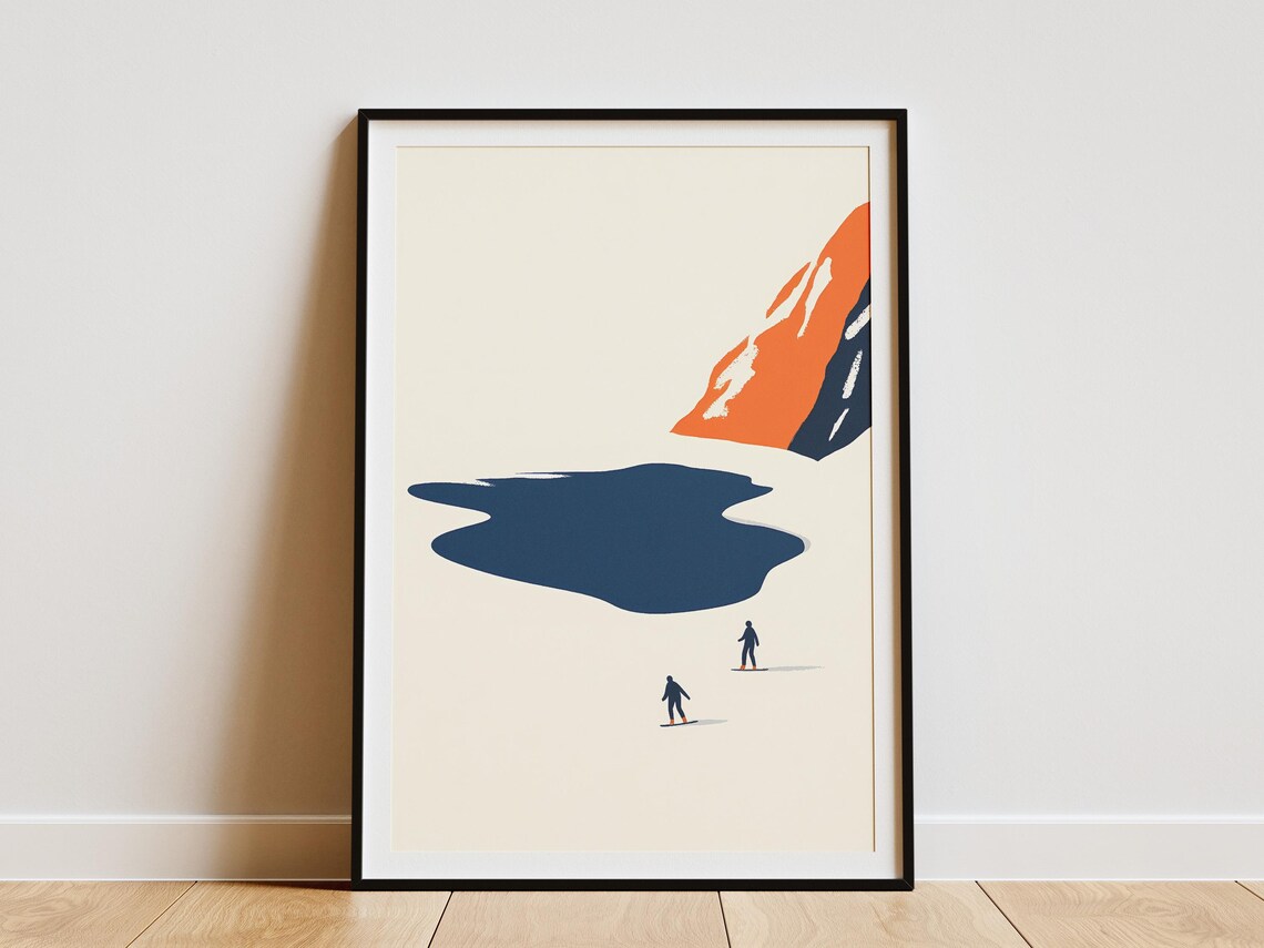 Minimalist Skiers Crossing Frozen Blue Lake Snowfield Poster