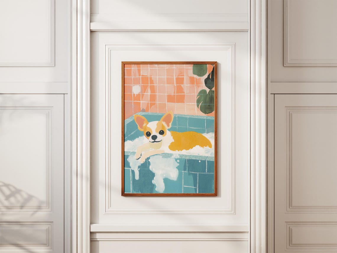 Chihuahua Bubble Bath Relaxing Teal Bathroom Funny Dog Poster - Image 2