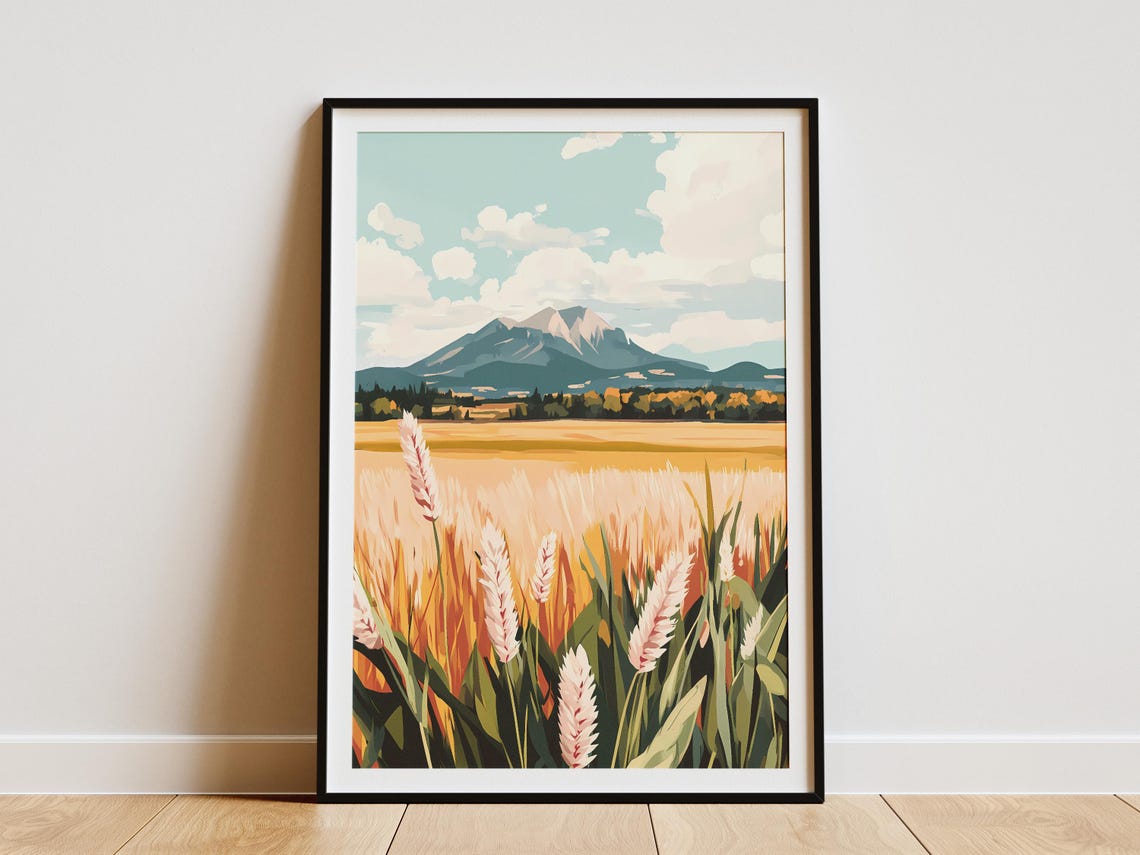 Golden Wheat Field Stalks With a Distant Grey Mountain Poster