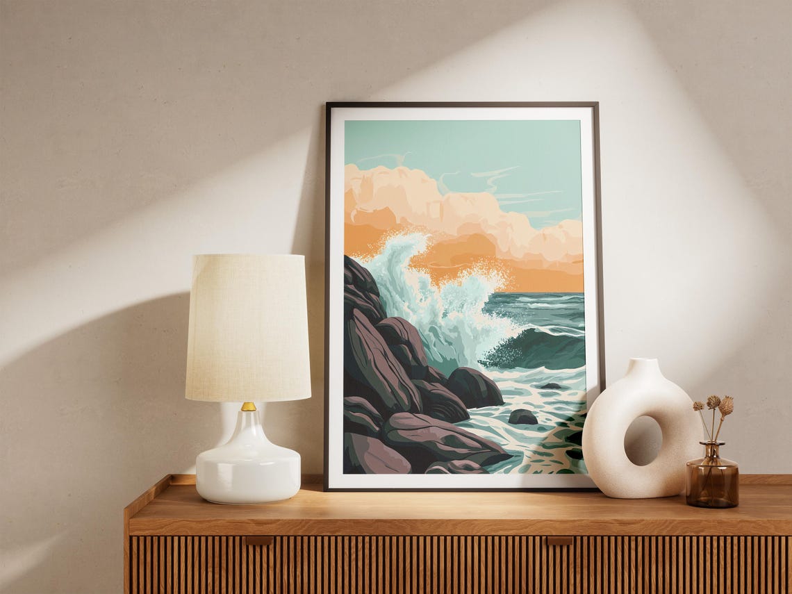 Powerful Wave Crashing on Dark Rocks Under an Orange Sunset Sky Poster - Image 5