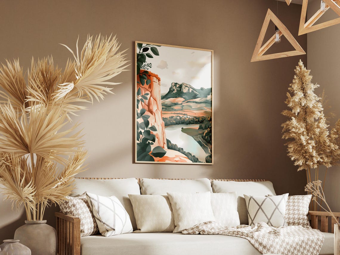 Cliff Top View Over River Valley Toward Distant Mountain Peaks Poster - Image 3