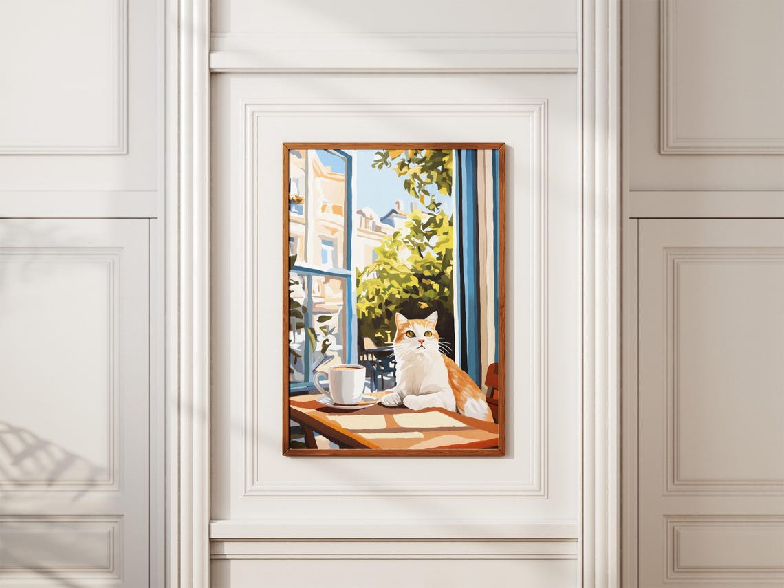 Orange and White Cat With Coffee Sunny Cafe Window Art Poster - Image 2