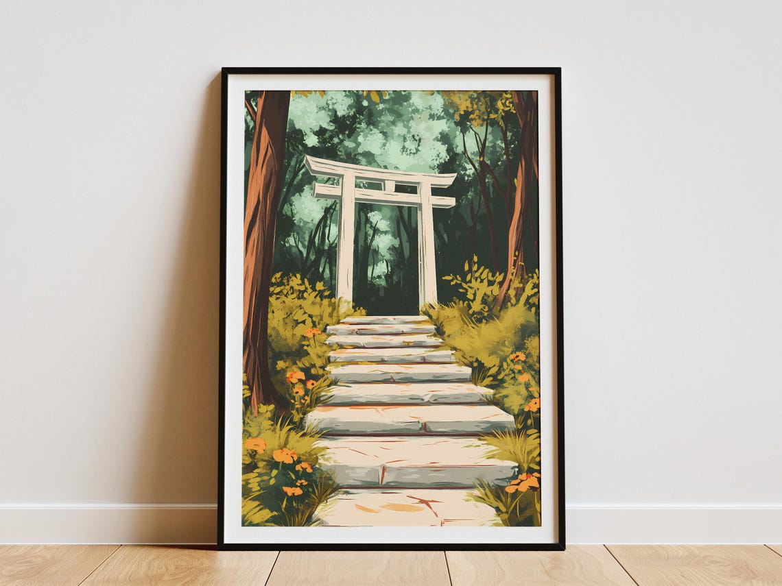 White Torii Gate Stone Steps Into Dark Forest Shrine Path Poster