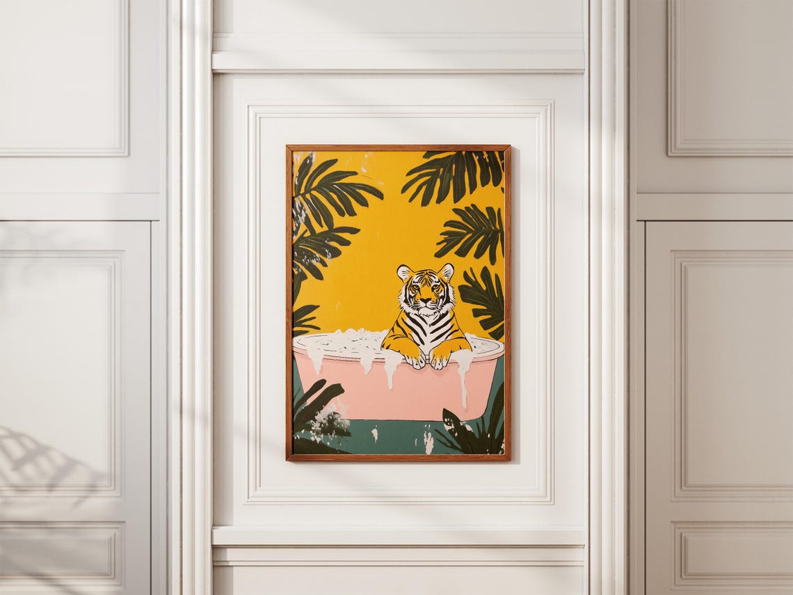 Tiger Bubble Bath Pink Tub Mustard Monstera Leaf Wall Poster - Image 2