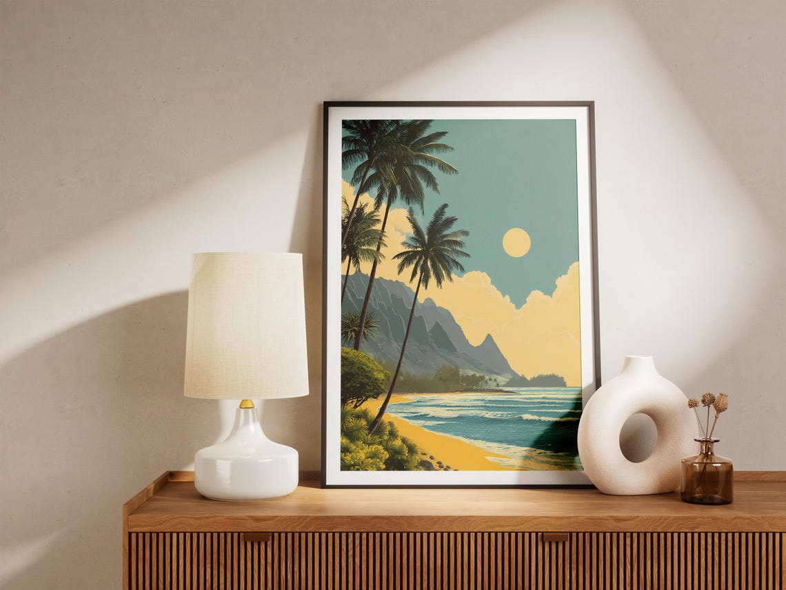 Retro Hawaiian Beach Travel Poster Palm Trees Sun And Mountains - Image 4