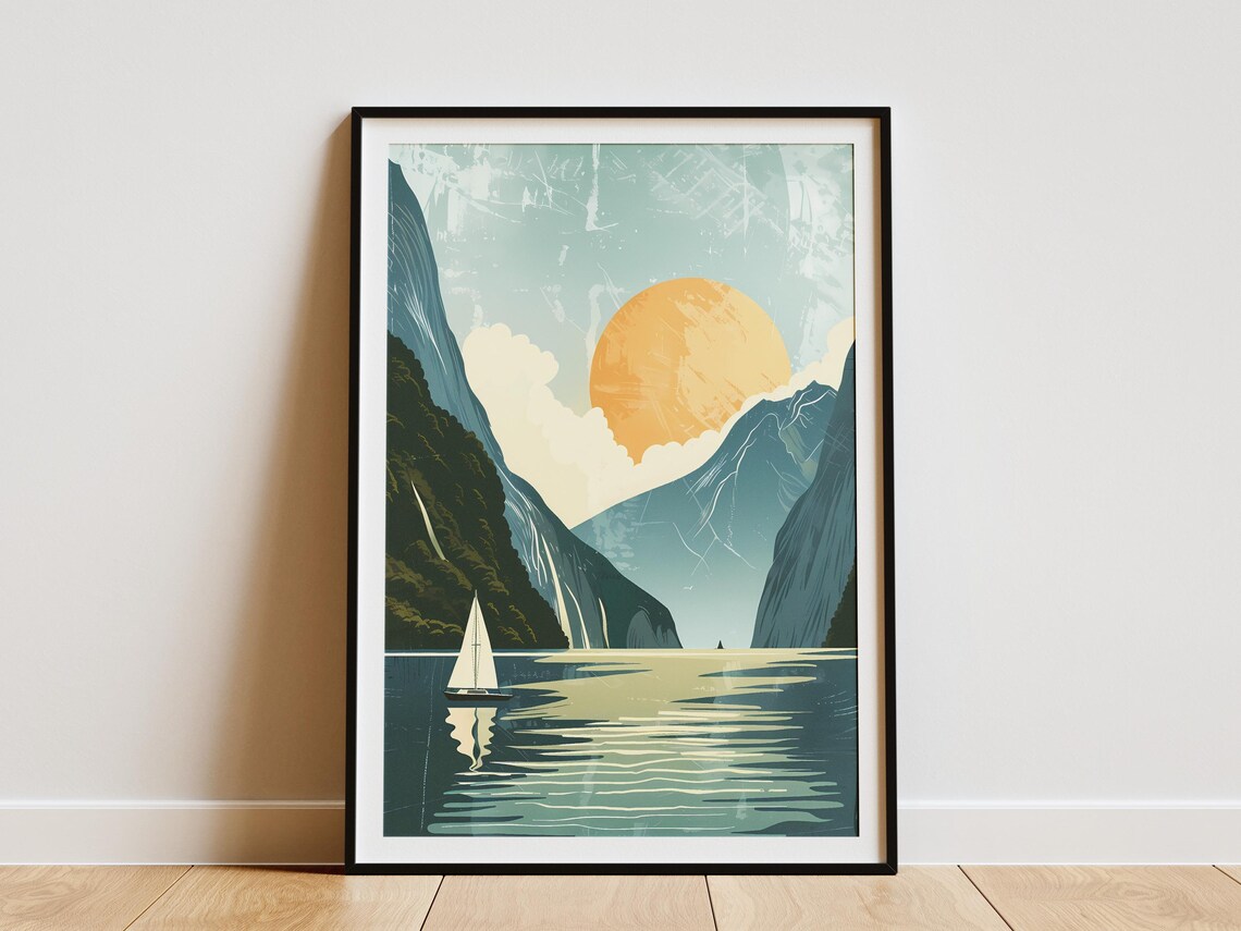 Milford Sound New Zealand Golden Sailboat Fjord Sunset Poster