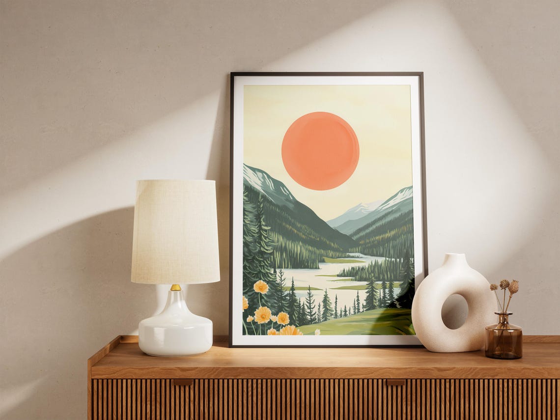 Big Orange Sun Shining Over a Mountain Lake With Pines Poster - Image 5