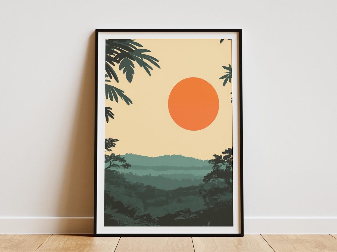 African Jungle Sunset Orange Sun Minimalist Landscape Poster
