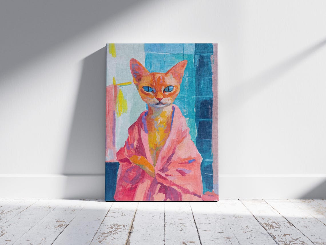 Orange Cat in Pink Bathrobe Blue Tile Bathroom Whimsical Cat Poster - Image 2