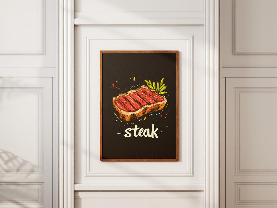 Juicy Grilled Steak Dinner Bold Black Food Illustration Poster - Image 2
