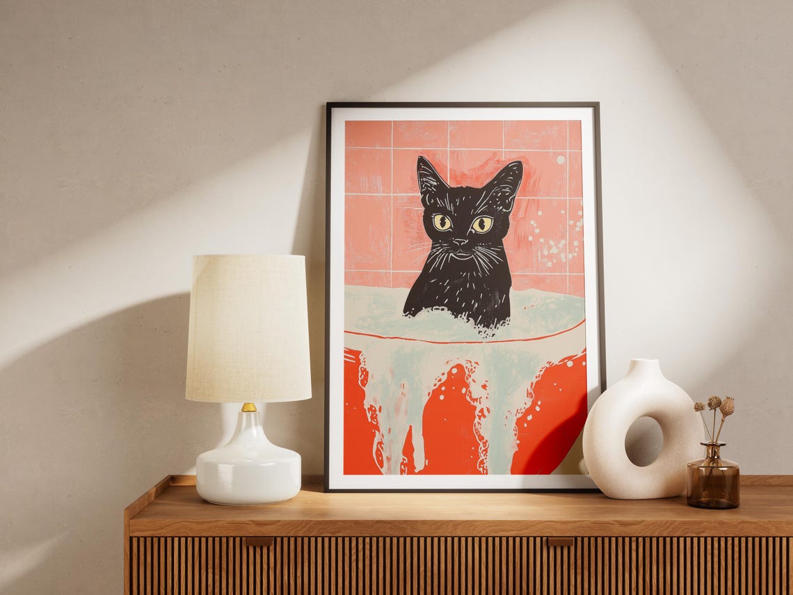 Black Cat Bubble Bath Bold Red Graphic Modern Bathroom Poster - Image 4