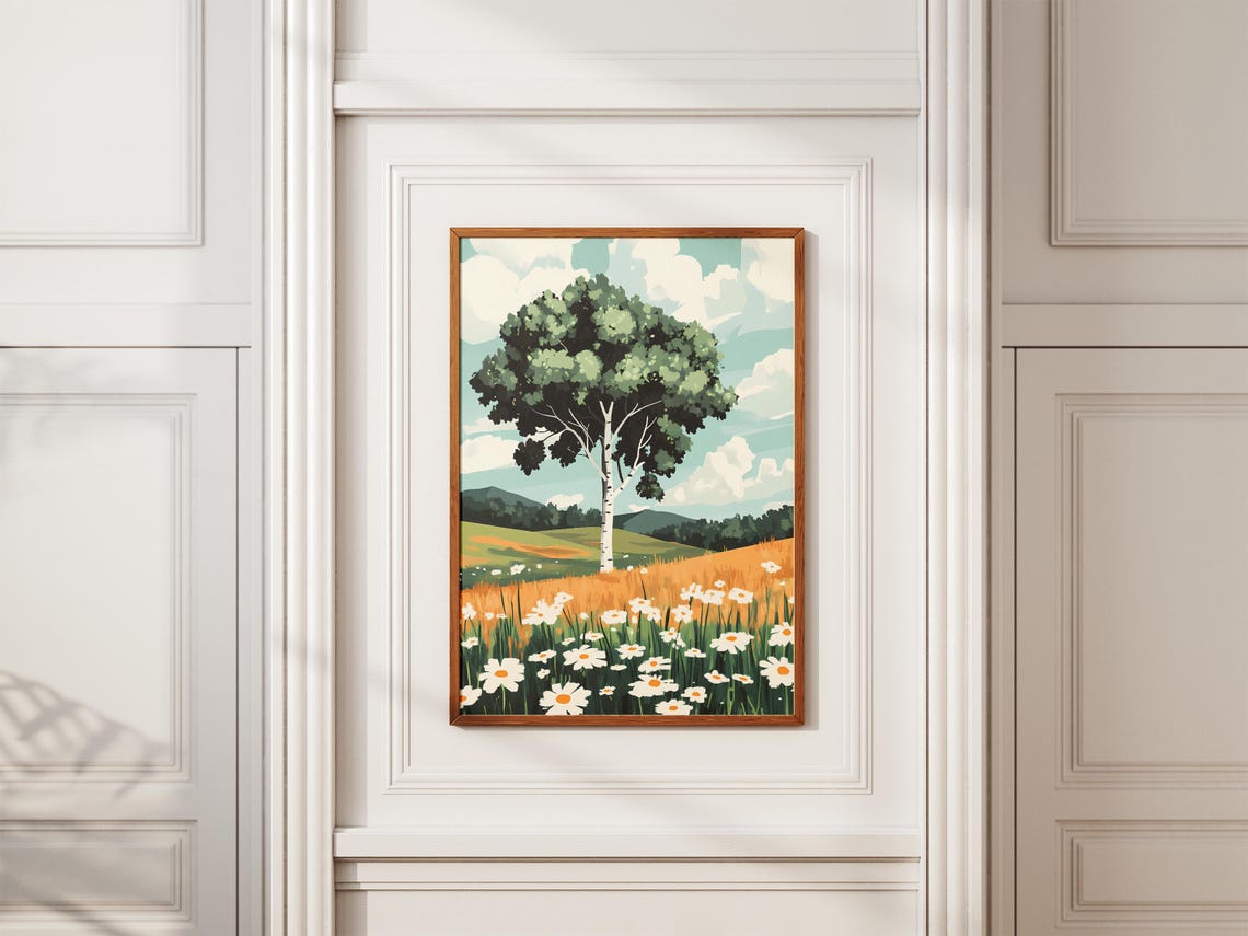 Green Birch Tree with Daisy Meadow Under a Cloudy Sky Poster - Image 2