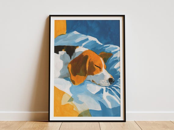 Matisse Style Gouache Beagle Sleeping Dog Art Print Abstract Pet Portrait Modern Minimalist Wall Cozy Canine Bedroom Decor Poster