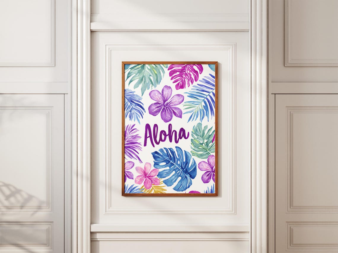 Aloha Script Watercolor Tropical Leaves Purple Floral Art Poster - Image 2