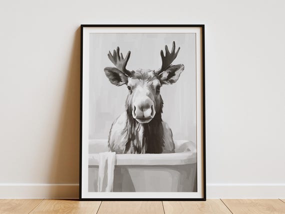 Moose In Bathtub Print Funny Bathroom Art Animal Wall Decor Whimsical Poster Humor Minimalist Farmhouse