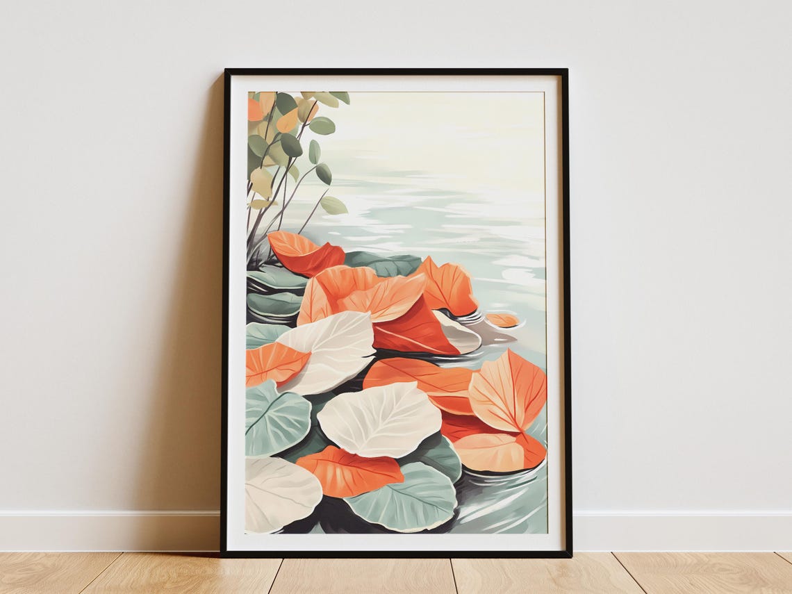 Floating Autumn Leaves on Calm Rippling Water Botanical Art Poster