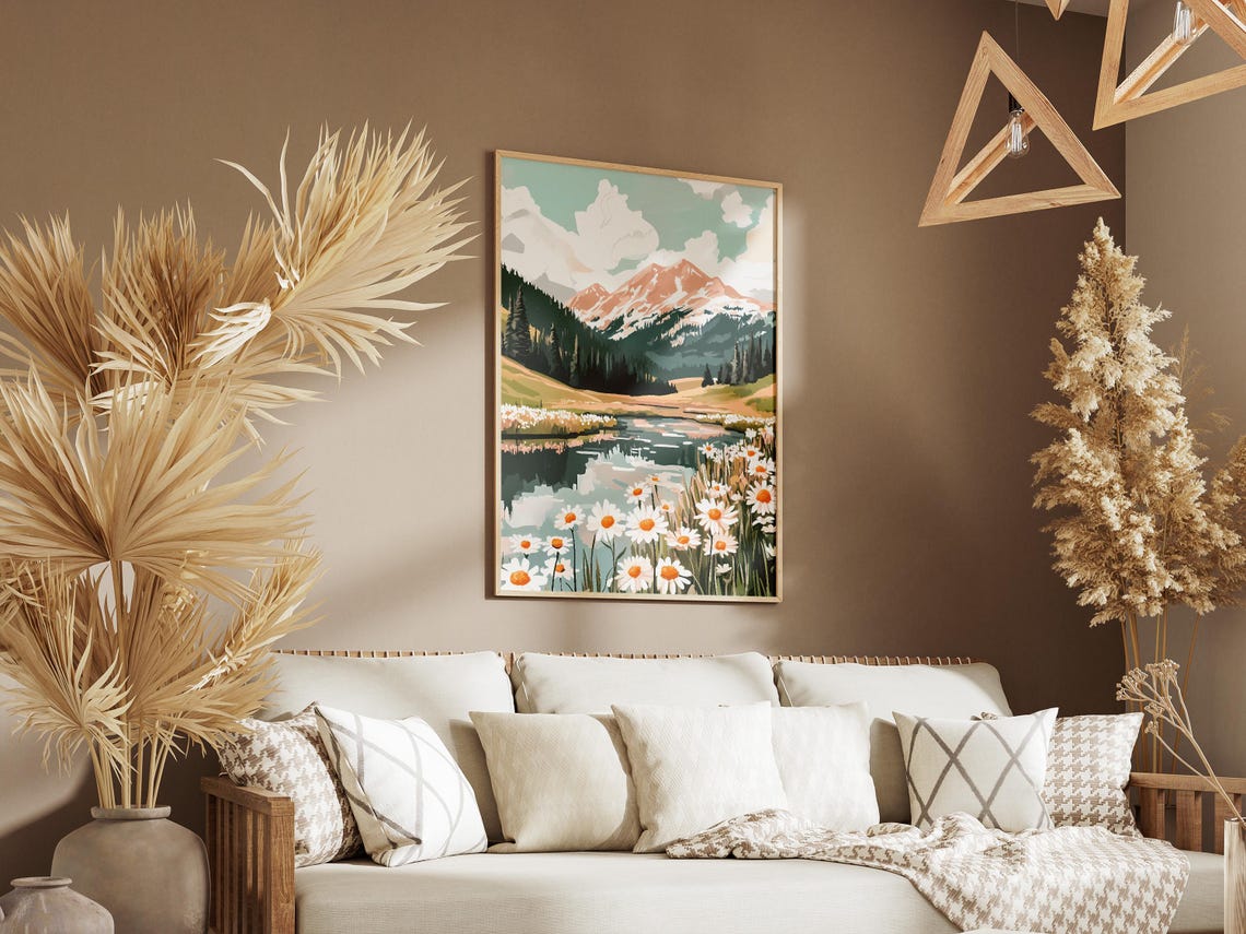 Alpine Lake with Daisy Foreground and Pink Mountain Peaks Poster - Image 3