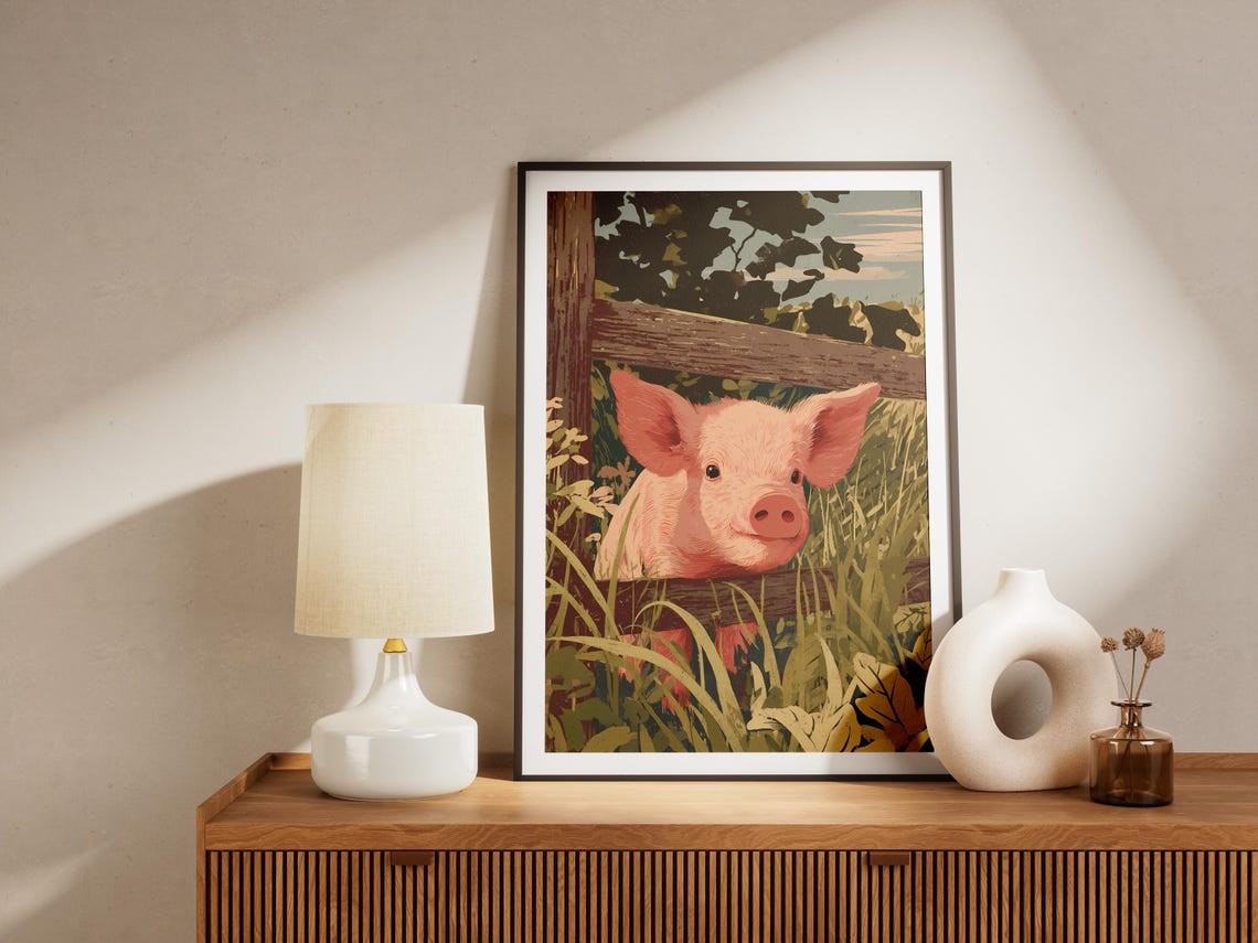 Adorable Piglet Farmhouse Art Print Rustic Wooden Fence Animal Illustration Poster Cute Baby Pig Rural Wall Decor For Nursery Or Country - Image 4