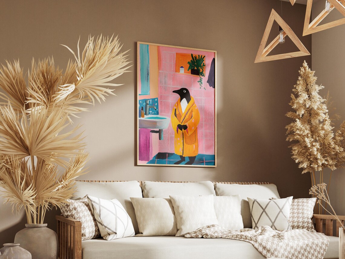 Penguin In A Bathrobe Bathroom Art Print, Whimsical - Image 3