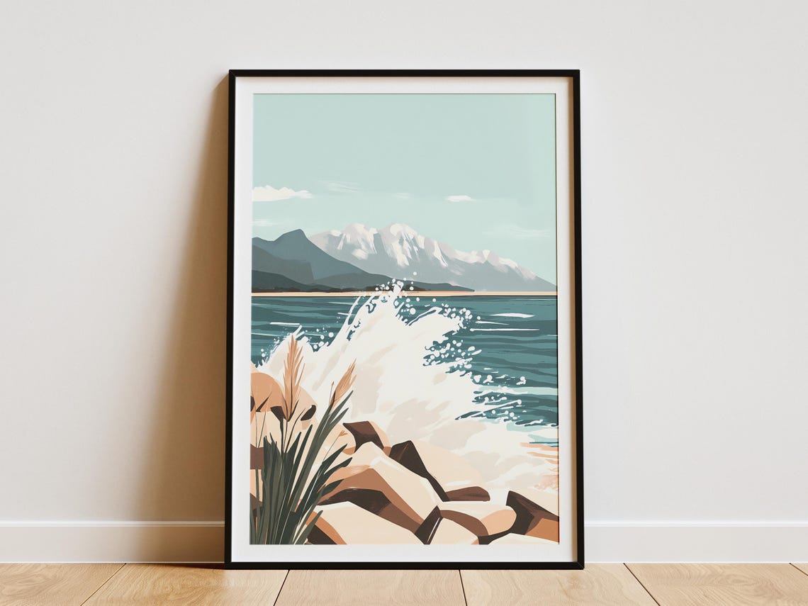 Ocean Wave Crashing Rocky Shore Snowy Mountains Scene Poster