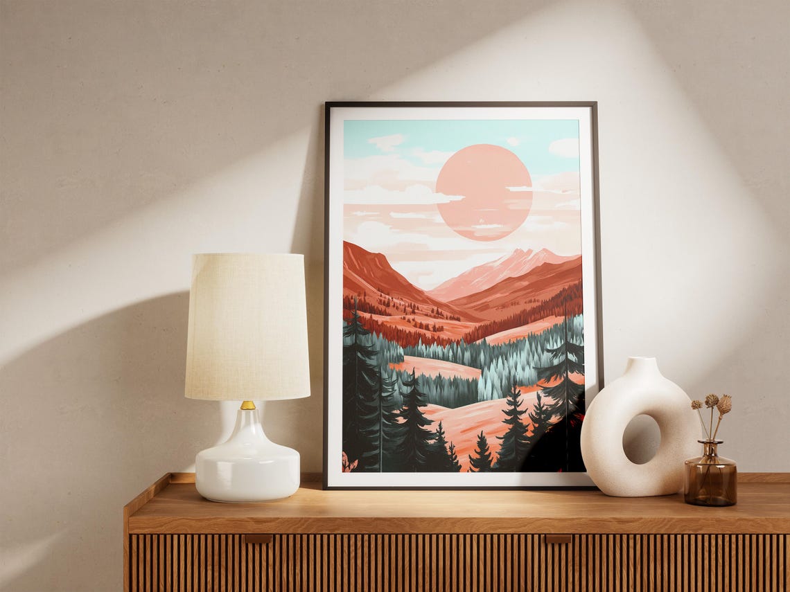Peach Sunset Over Terracotta Mountain Valley Pine Forest Poster - Image 5