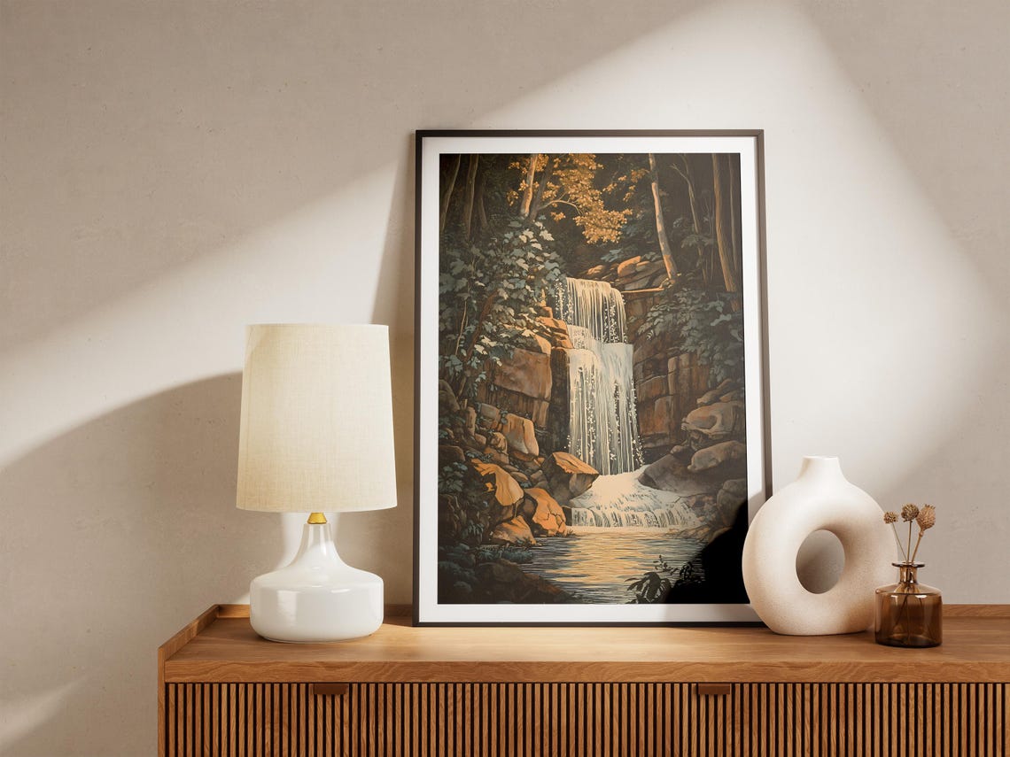 Forest Waterfall Cascading Over Mossy Rocks Vintage Nature Poster - Image 5