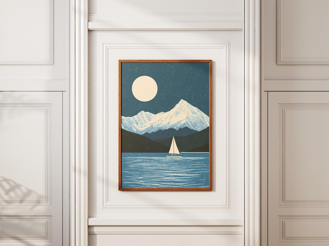 Kenai Fjords National Park Alaska Sailboat Moonlit Bay Mountain Art Poster - Image 2