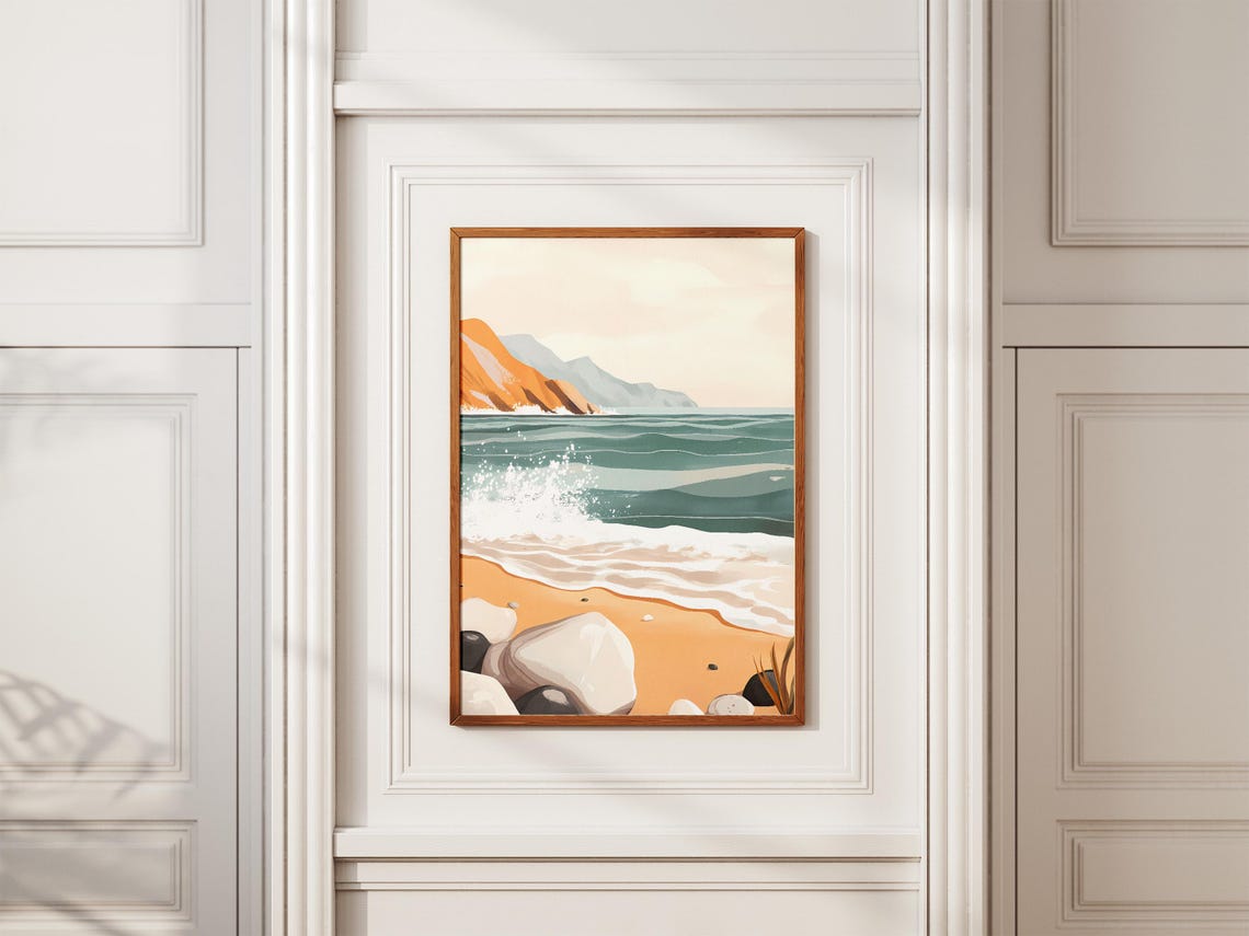 Rocky Beach Foamy Waves Orange Cliff Minimalist Coastal Art Poster - Image 2