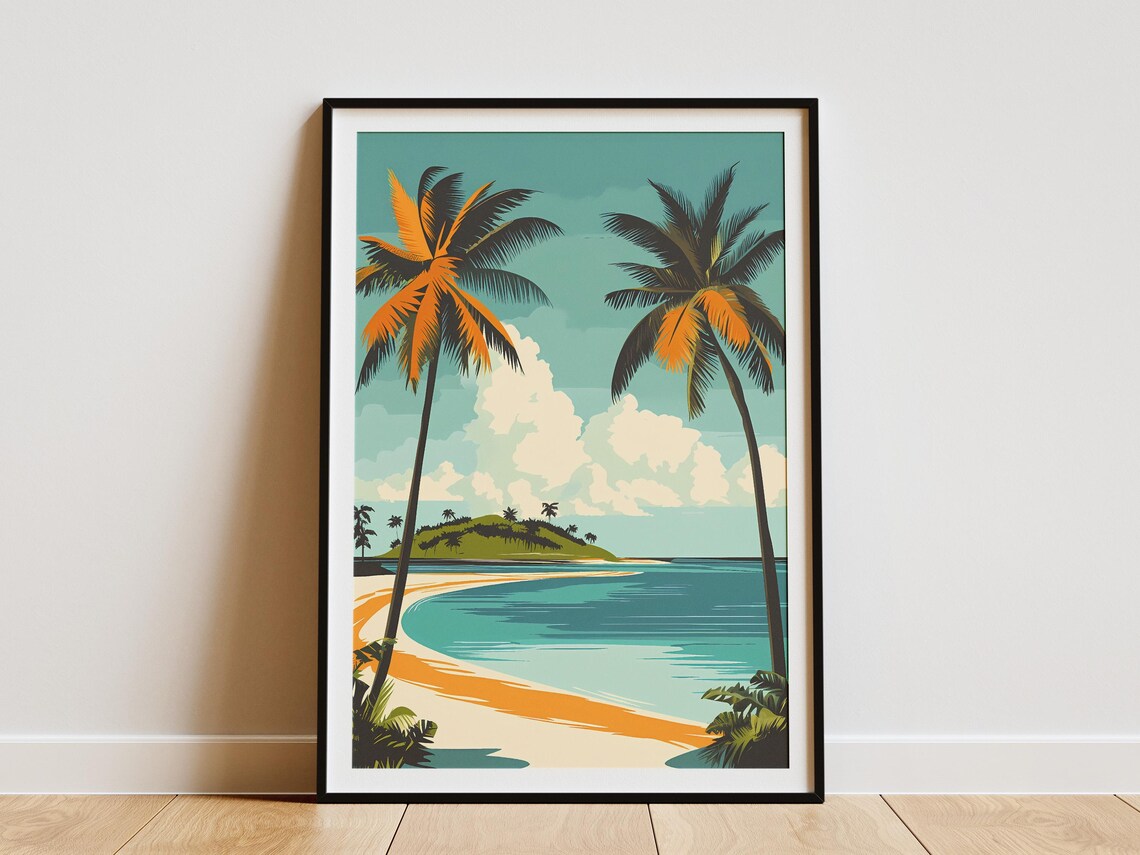 Tropical Beach with Twin Palm Trees Vintage Travel Poster Scenic
