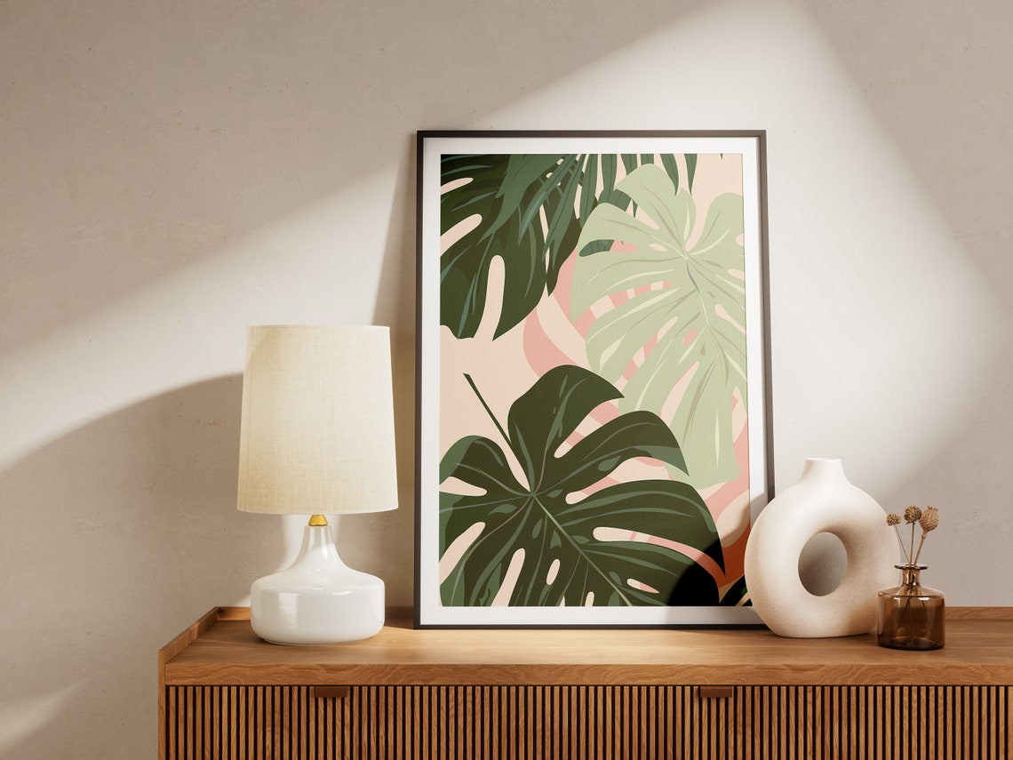 Monstera Leaves On Blush Pink Modern Tropical Botanical Art Poster - Image 2