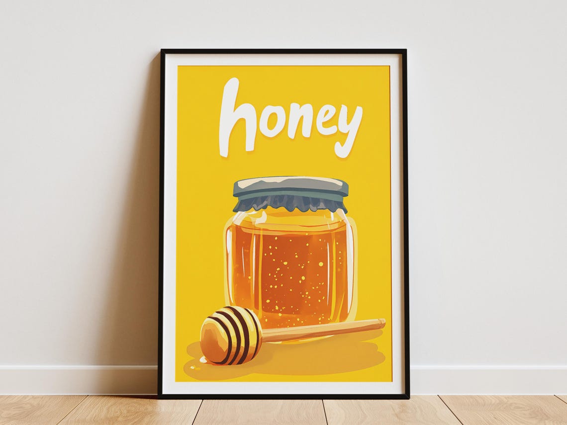 Golden Honey Jar Dipper Bold Yellow Retro Kitchen Typography Poster