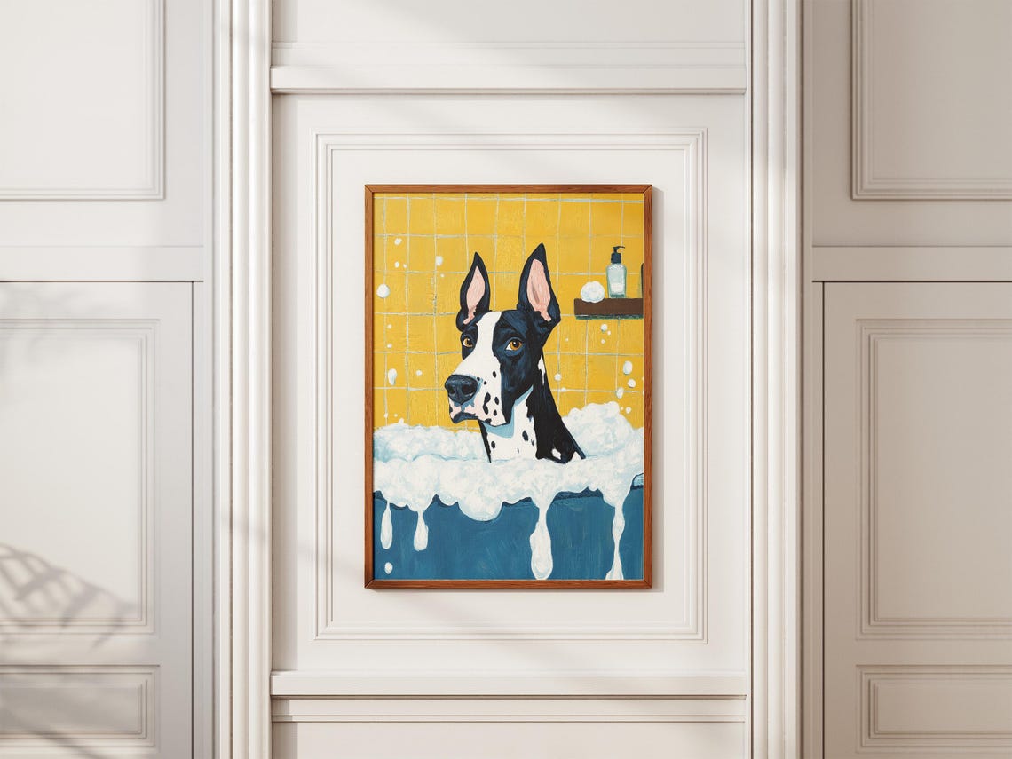Fun Big Great Dane Bubble Bath Yellow Tile Pop Art Dog Poster - Image 2