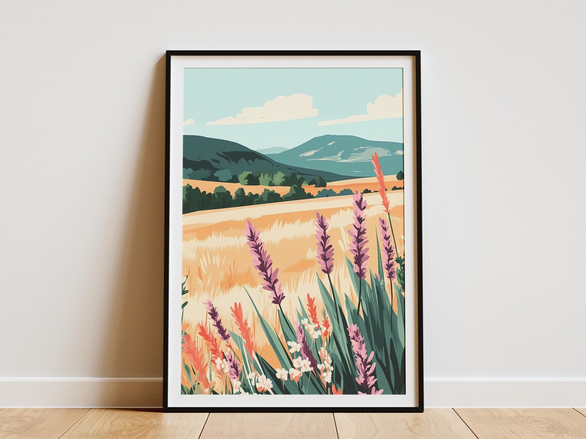 Lavender Field Summer Landscape Mountain Modern Floral Art Poster