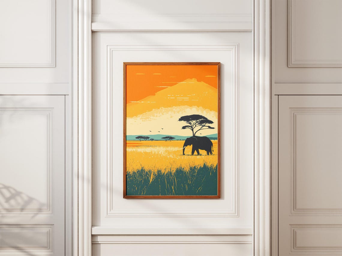 Elephant Silhouette on Sunset African Savanna Landscape Poster - Image 2