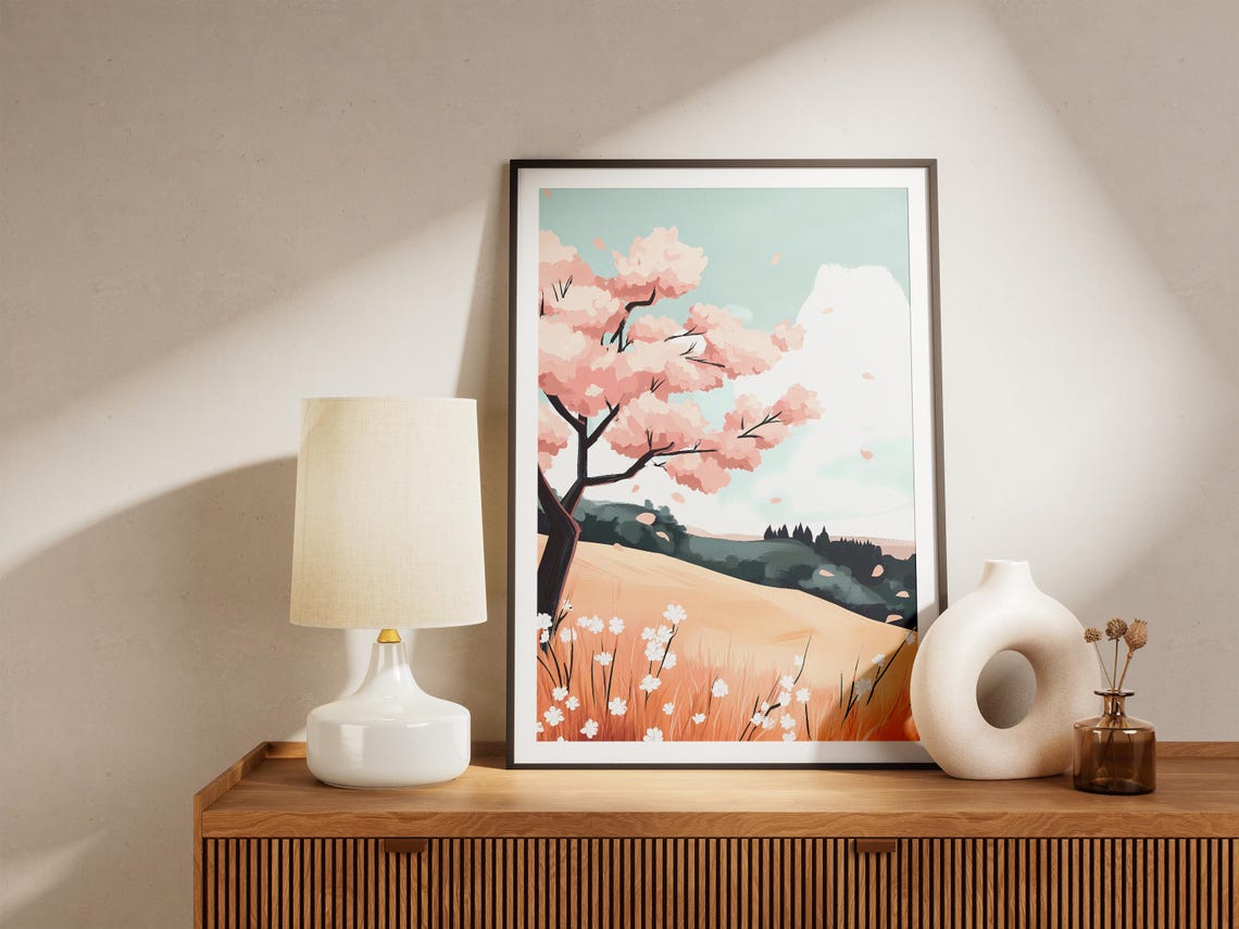 Pink Cherry Blossom Tree on a Golden Spring Hillside Bloom Poster - Image 5