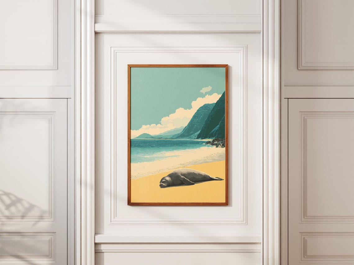 Sleeping Seal Tropical Beach Golden Sand Vintage Travel Poster - Image 2