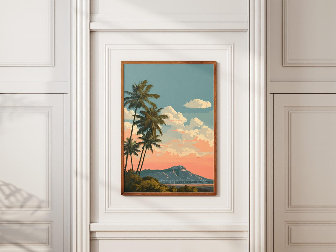 Diamond Head Crater Palm Trees Sunset Hawaii Vintage Travel Poster - Image 2