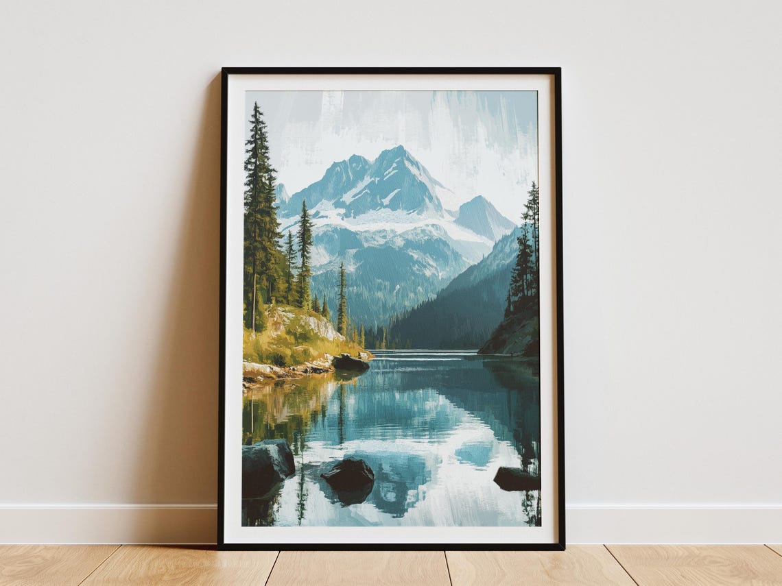 Alpine Lake Mountain Reflection Tall Pine Forest Serene Poster