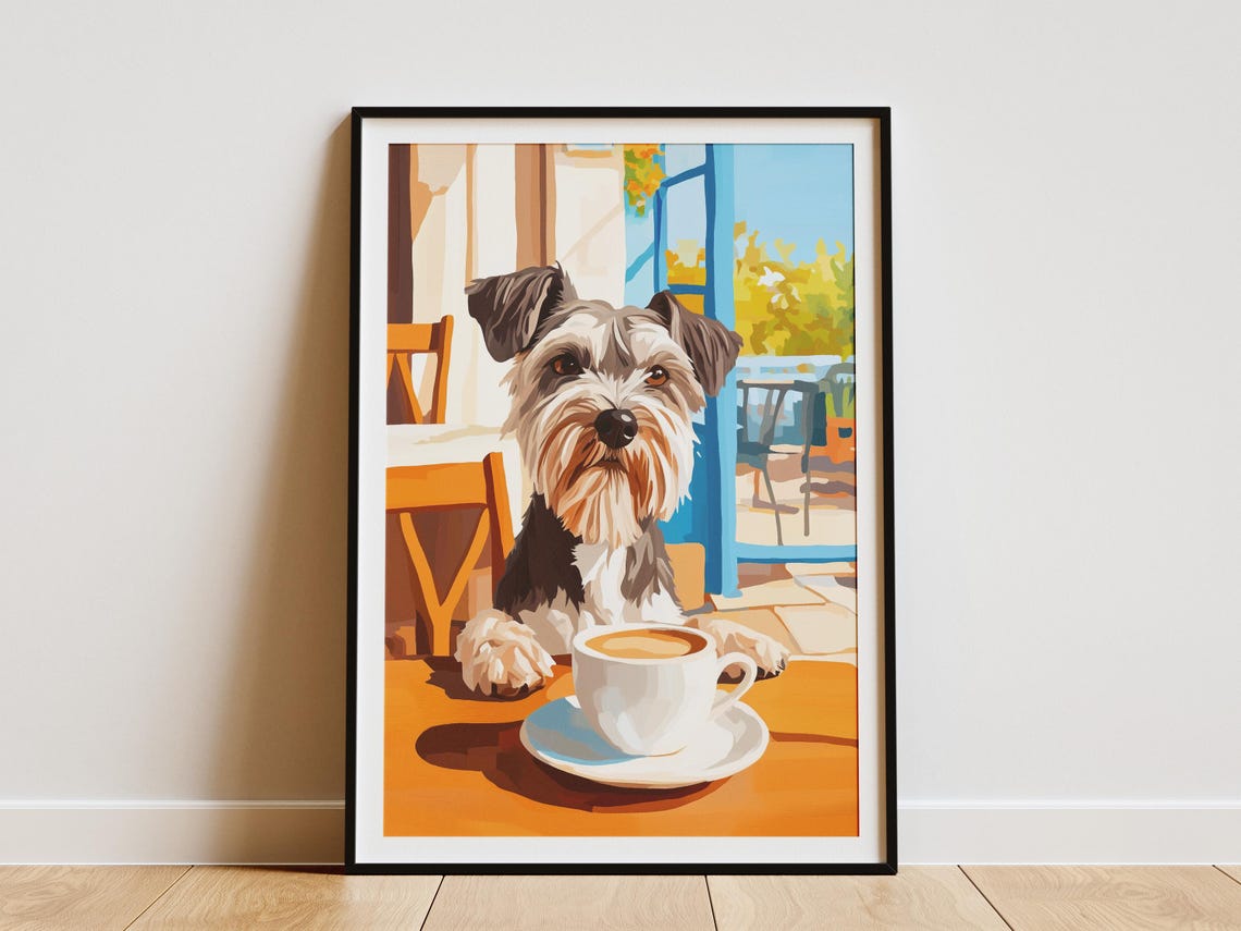 Bearded Miniature Schnauzer with Coffee at Sunlit Cafe Table Poster