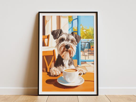 Miniature Schnauzer Cafe Art Print Coffee Lover Dog Poster Cozy Shop Wall Funny Pet Portrait Breed Gift Scene Artwork