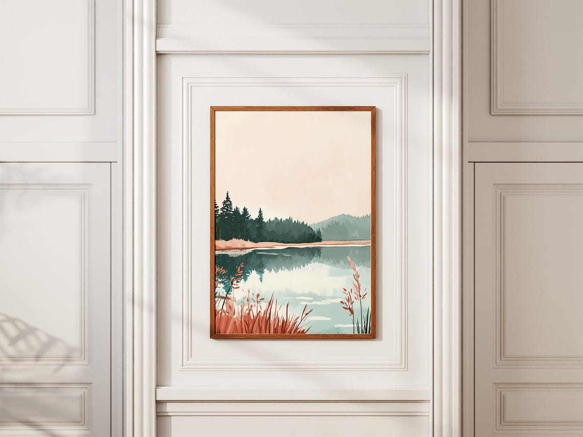 Dawn Lake With Pine Forest Mirror Reflection Landscape Poster - Image 2
