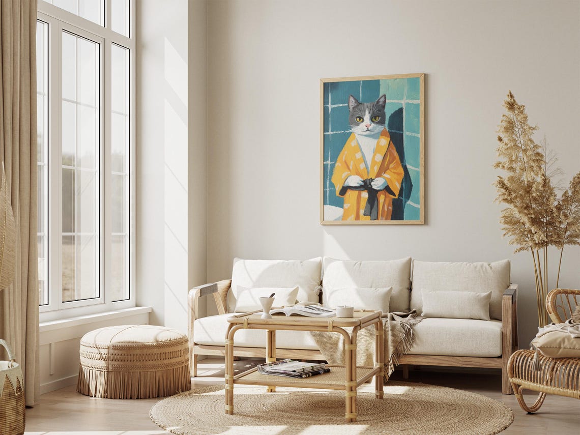 Gray Cat in Yellow Bathrobe Blue Bathroom Funny Cat Portrait Poster - Image 4