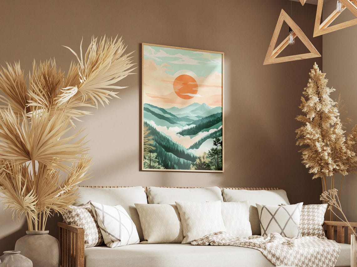 Big Orange Sun Rising Over Misty Forest Ridges at Dawn Poster - Image 3