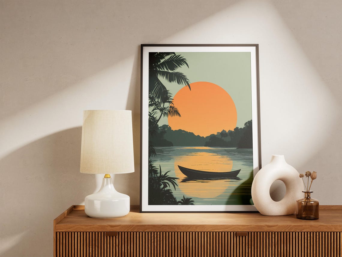 Sunset River Canoe Palm Trees Silhouette Tropical Nature Poster - Image 5