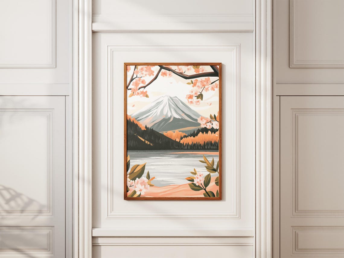 Cherry Blossom Branches Snow Capped Mountain Lake Scenic Poster - Image 2