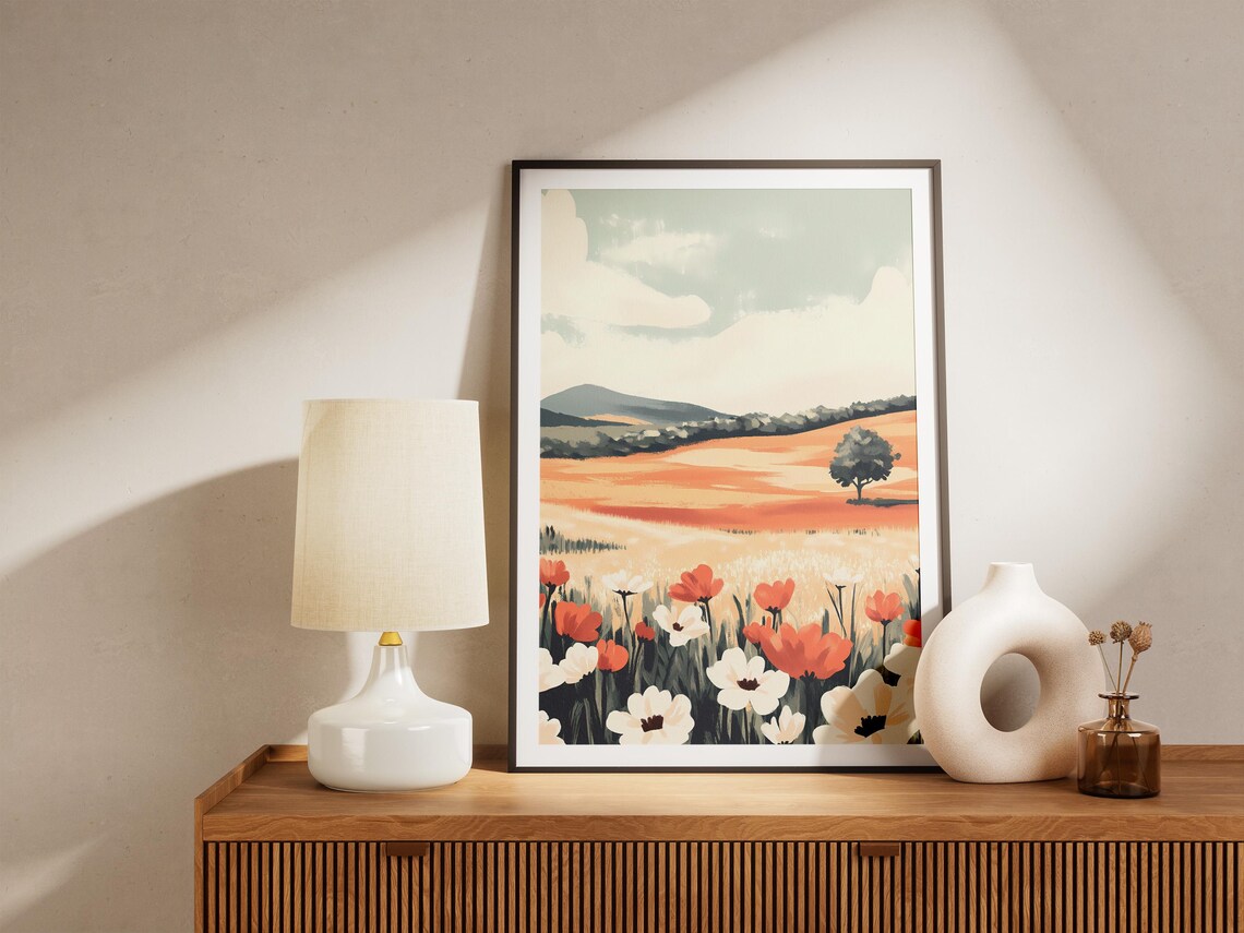 Red and White Poppies in a Golden Rolling Hills Meadow Poster - Image 5