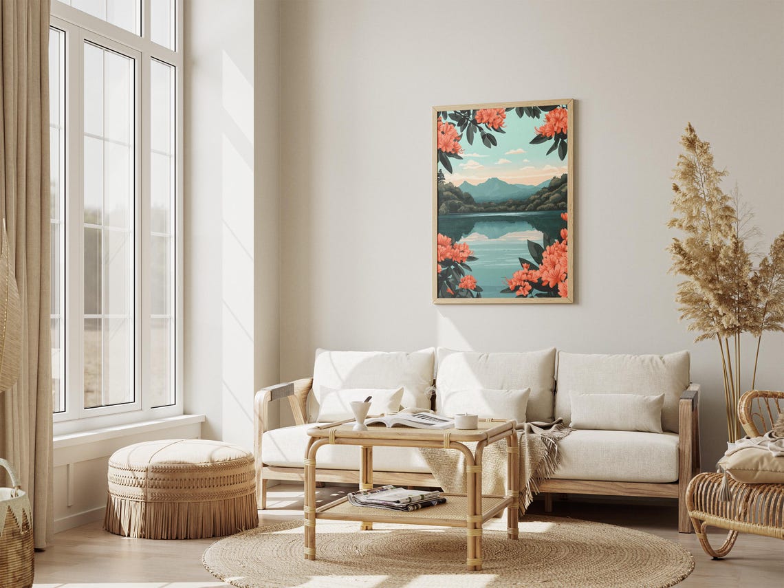 Rhododendron Framed Mountain Lake Coral Blooms Forest View Poster - Image 4