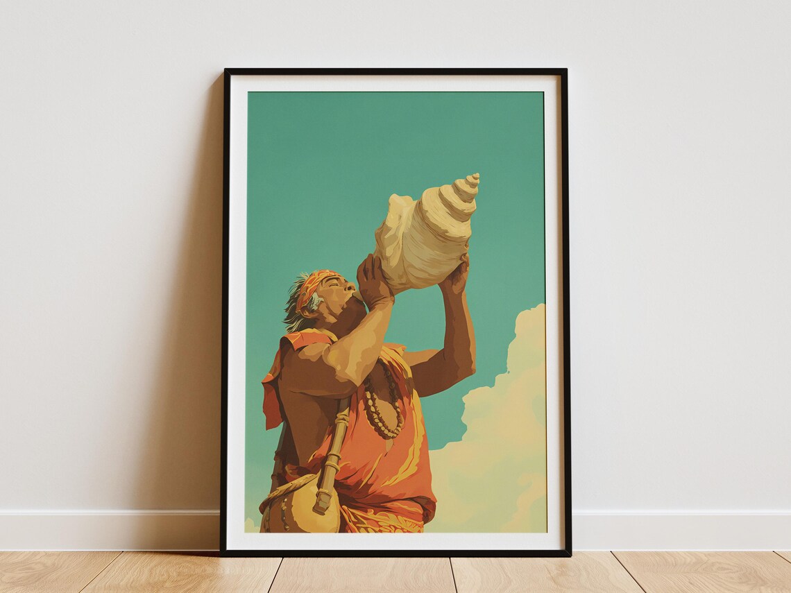 Hawaiian Conch Shell Blower Vintage Style Island Culture Art Poster