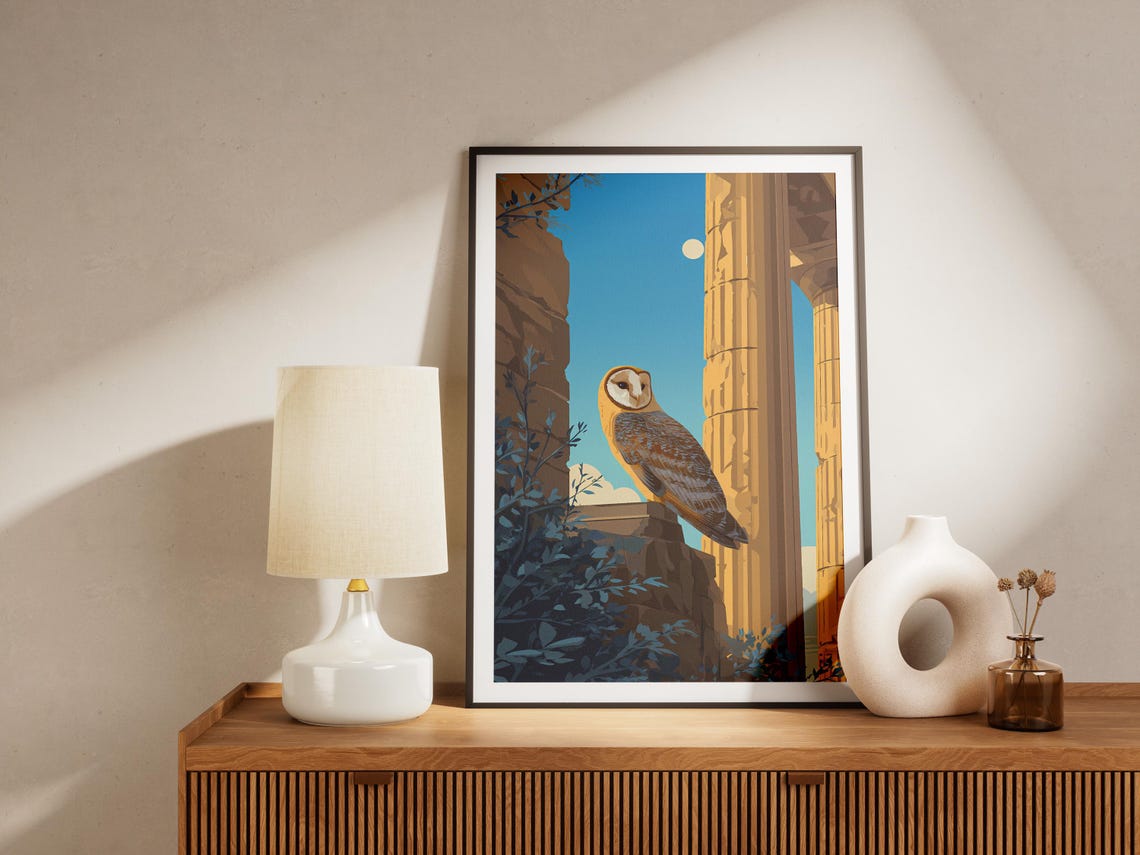 Barn Owl on Ancient Temple Ruins Moonlit Night Wildlife Art Poster - Image 4